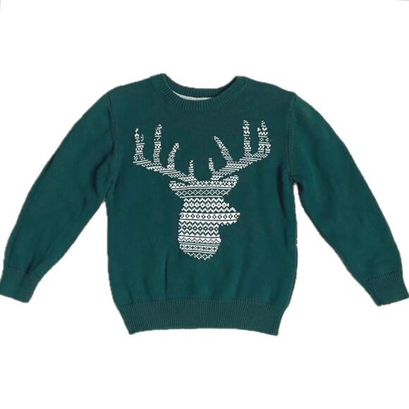 GYMBOREE Reindeer Knit Sweater Size 5-6 Green Winter Holiday Christmas Deer Crew - Picture 2 of 6